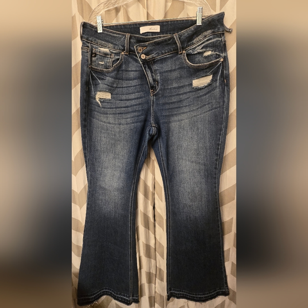 KanCan Medium Blue Flare Jeans with Distressed Accents